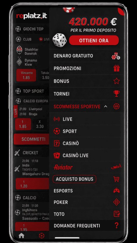 Replatz — menu navigazione app con scommesse sportive e promozioni
